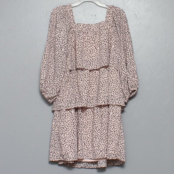 Who what wear nwt pink and black mini leaf print tiered long sleeve dress - Picture 2 of 7